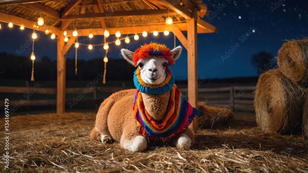 Poster a colorful alpaca lounging in a festive setting with string lights and hay.