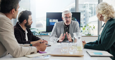 Discussion, boss and group meeting in boardroom, serious and communication for global trade. Team,...