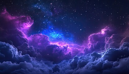 Night sky, clouds, cosmos, vibrant, glowing.  A breathtaking, digital artwork depicting a night sky filled with luminous clouds, glowing with vibrant purples and blues.  Stars shimmer throughout