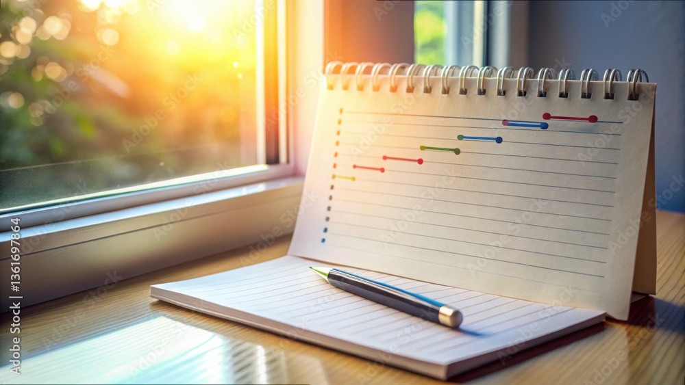 Poster creative notebook with timeline chart and pen by window in sunlight