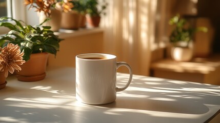 Obraz premium Natural Window Light Highlighting White Porcelain Mug on White Table