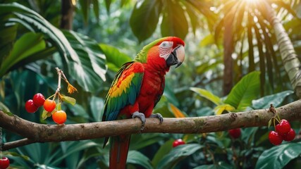 A vibrant parrot perched on a branch in a lush, tropical environment.