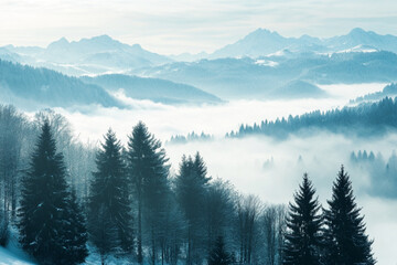 Obraz premium Mountains covered in snow and clouds with trees in the foreground