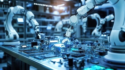 Automated precision: robotic arms assembling complex electronic components with precision