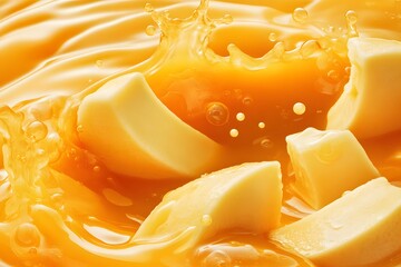 Fresh Mango Chunks Splashing in Juice, Tropical Fruit Drink