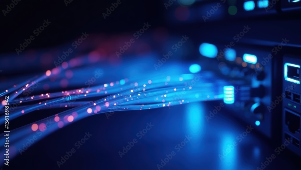 Poster abstract digital network technology showing blue fiber optic cables transmitting data