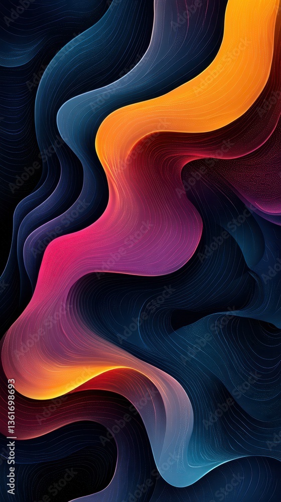 Poster colorful abstract waves display flowing shapes in a vibrant composition with deep contrast