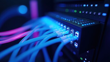Abstract digital network technology showing blue fiber optic cables transmitting data