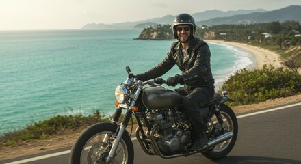 Obraz premium Man riding motorcycle by ocean
