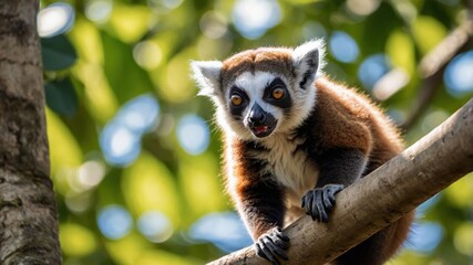 Fototapeta premium A close-up of a lemur perched on a branch, surrounded by vibrant green foliage.