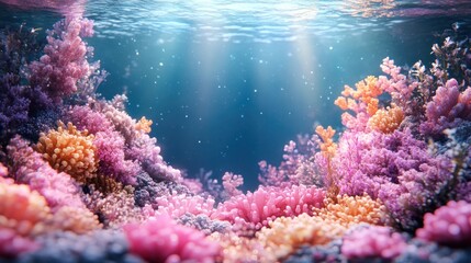 Fototapeta premium Vibrant underwater coral reef scene with sunlight beams.