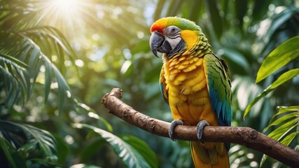 Obraz premium A colorful parrot perched on a branch amidst lush greenery, illuminated by sunlight.