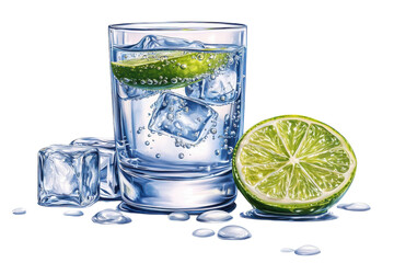 A Refreshing Lime And Ice Drink, Perfectly Chilled In A Rocks Glass, With Sparkling Water And A Juicy Lime Wedge, Captured In Crisp, Vibrant Detail Isolated on Transparent Background