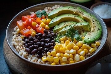 A vibrant and appetizing grain bowl featuring avocado, black beans, corn, and red bell pepper, atop a bed of barley, a healthy and colorful meal option.