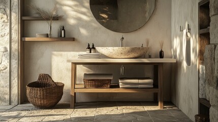 Serene Minimalist Bathroom Design: Natural Light and Earthy Tones