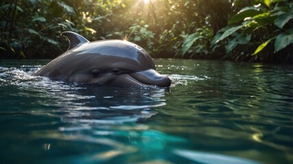Obraz premium A dolphin swimming in a serene, lush environment with sunlight filtering through the trees.