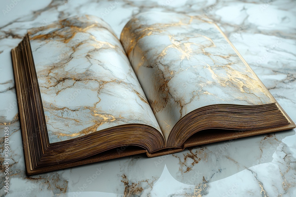 Aufkleber Elegant open book with marbled pages resting on a textured surface in a softly lit environment