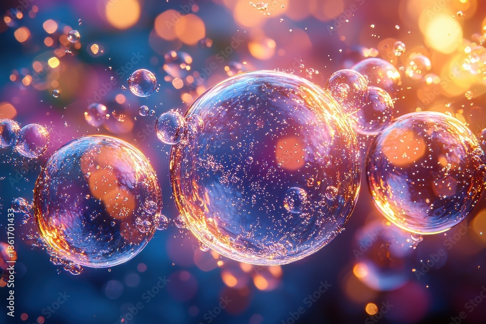 Poster Colorful soap bubbles floating against a vibrant background with sparkling lights and reflections