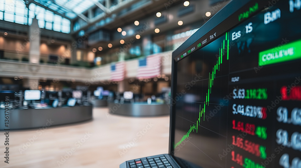 Poster market insights: a captivating shot of a computer screen displaying a live stock market graph, set a