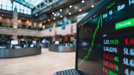 Obraz premium Market Insights: A captivating shot of a computer screen displaying a live stock market graph, set against the backdrop of a bustling trading floor.
