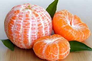 Peeled Mandarin Oranges on Wooden Surface, Closeup Still Life Photography