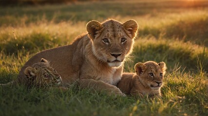 Obraz premium A lioness and her cubs resting in a grassy field during sunset.