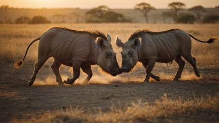 Fototapeta premium Two warthogs playfully spar in a golden sunset on a savanna.