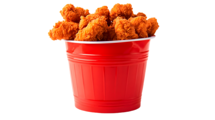 Crispy fried chicken pieces filling a red plastic cup to the top creating a delicious image.
