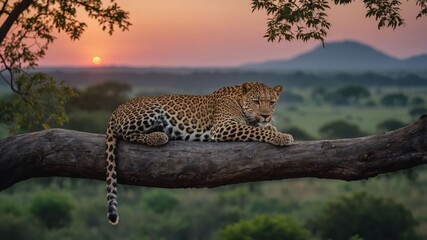 Obraz premium A leopard rests on a tree branch at sunset, overlooking a lush landscape.