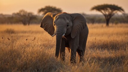 Naklejka premium An elephant walking through tall grass at sunset, showcasing wildlife in its natural habitat.