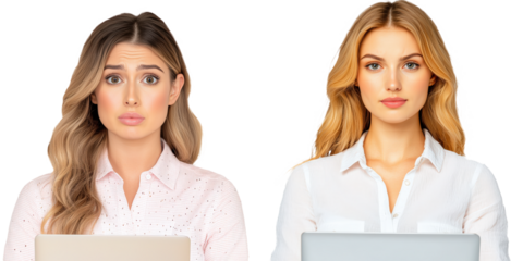 The businesswoman’s facial expression reflected her strong leadership. Two Young Women Working on Laptops with Different Expressions in Modern Office Setting