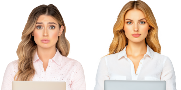The businesswoman’s facial expression reflected her strong leadership. Two Young Women Working on Laptops with Different Expressions in Modern Office Setting