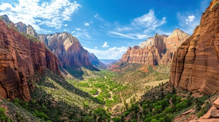Majestic panoramic view of Zion National Park's dramatic cliffs and valley landscape