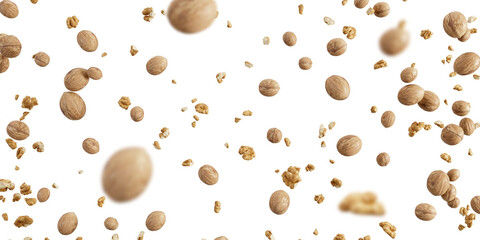 walnuts flying isolated on white