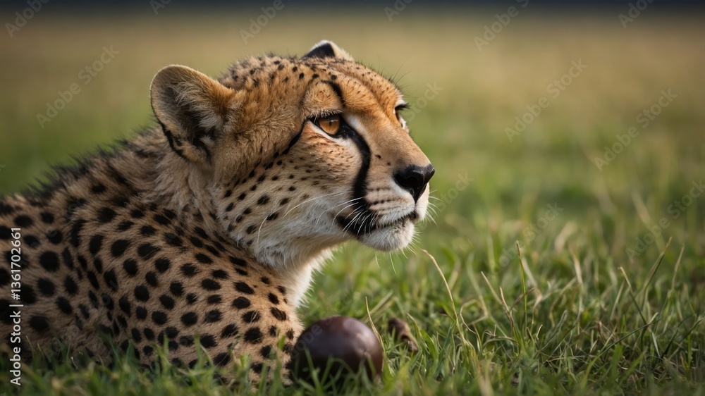 Poster a close-up of a cheetah resting in grass, showcasing its distinctive features and expression.