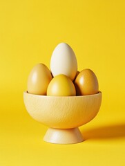 Eggs in Wooden Bowl on Yellow Background Minimalist Easter Concept