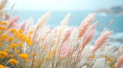 Obraz premium Soft pink pampas grass blooms against a hazy blue ocean backdrop. Delicate beauty and tranquil vibes