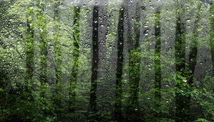 6月・梅雨　雨の降る風景　雨粒の水滴がついた窓ガラス越しの森の草木　自然の山林　湿気で曇る表面　季節・湿度・天気の背景