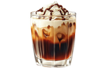An Irresistible Iced Coffee Indulgence, Layered With Rich Espresso, Creamy Foam, And A Decadent Chocolate Drizzle, Served In A Stylish Glass Isolated on Transparent Background