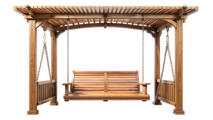 Elegant Wooden Pergola Swing with Platform and Chains isolated on white background PNG. GENERATIVE AI