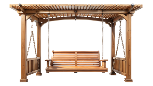 Elegant Wooden Pergola Swing with Platform and Chains isolated on white background PNG. GENERATIVE AI