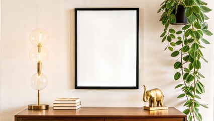 Mock up canvas picture wall artwork frame copy blank paste text Console table decoration brown color background