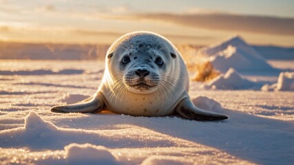 A seal resting on snow during sunset, showcasing its features in a serene environment.