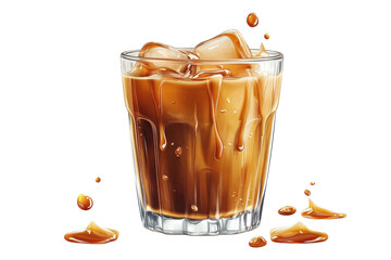 Iced Coffees Delightful Cascade, Melting Ice Cubes And Rich Brown Swirls Dripping Down The Glass, A Refreshing Summer Treat Against A Pristine Isolated on Transparent Background