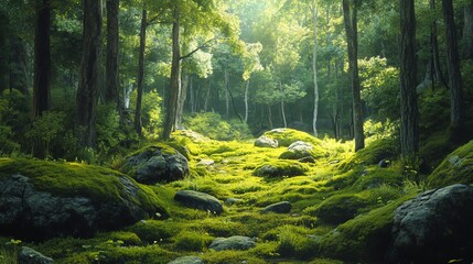 Lush Green Forest Floor with Moss Covered Rocks and Sunlight
