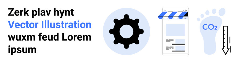 Gear, online store interface, carbon footprint icon, and CO2 arrow highlight tech innovation, ecommerce, environmental impact, ecological balance, sustainability, green energy simple landing page
