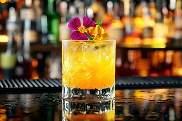A refreshing yellow cocktail with ice and a flower garnish on a wet bar top, with blurred bottles in the background creating a vibrant and inviting atmosphere.