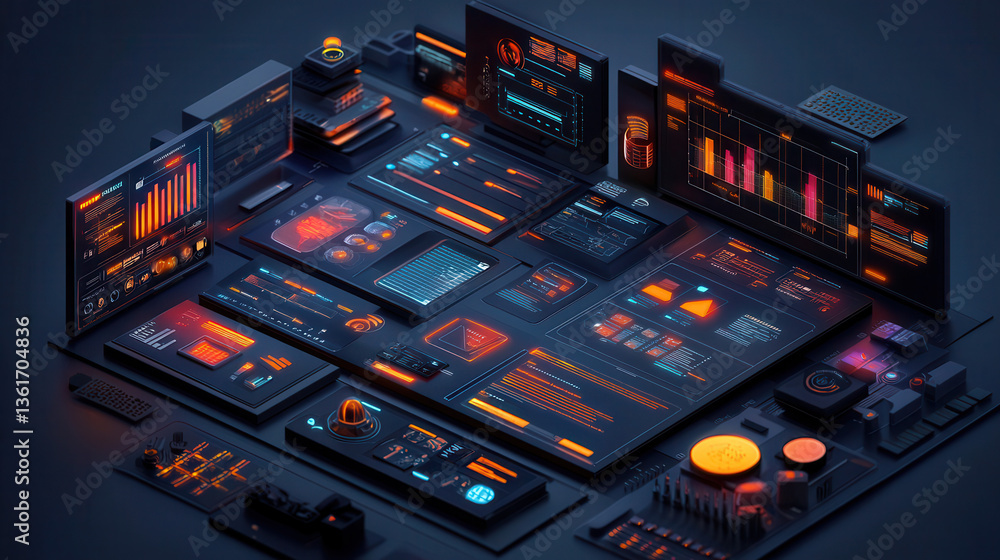 Aufkleber futuristic digital dashboard with glowing orange and blue holographic interfaces, displaying data an