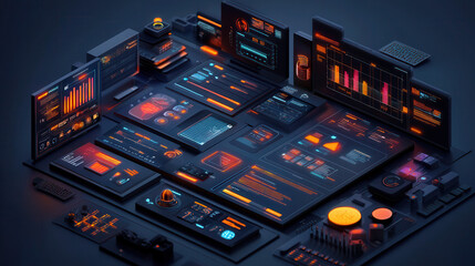 futuristic digital dashboard with glowing orange and blue holographic interfaces, displaying data analytics and graphs