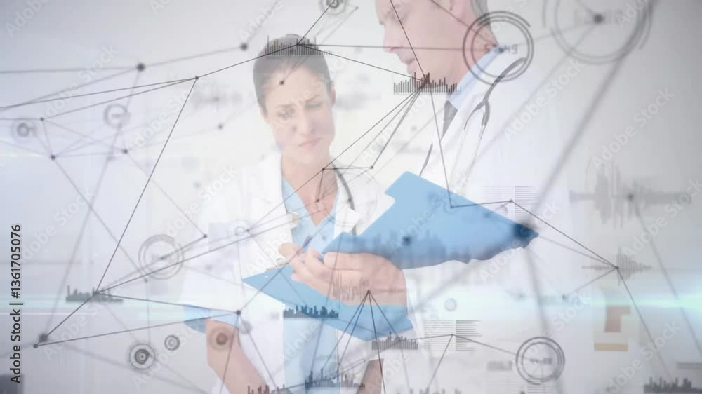 Poster discussing patient data, doctors analyzing network connections with animation graphs overlay